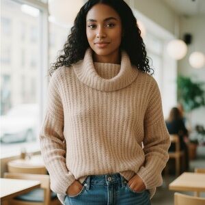 Maeve Blush Ecru Cowl Neck Knit Sweater Cozy Chunky Soft Neutral Medium